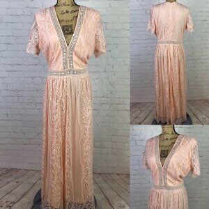 Peach Colored Ladder Lace Trim Lace Maxi